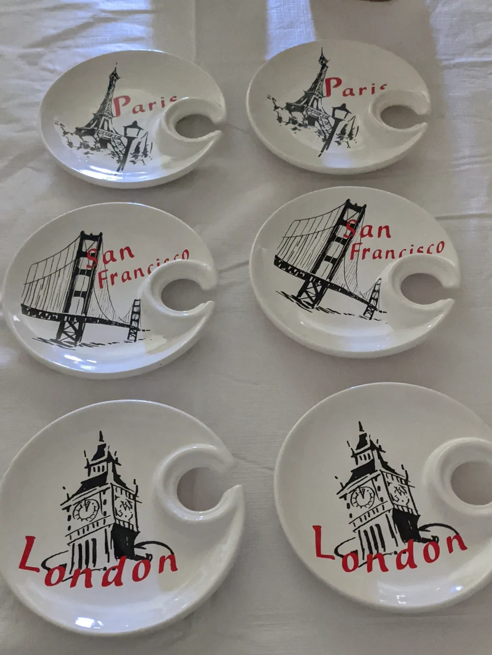 Snack Plates Appetizer Wine Glass Holder Ceramic London NY  Paris 6